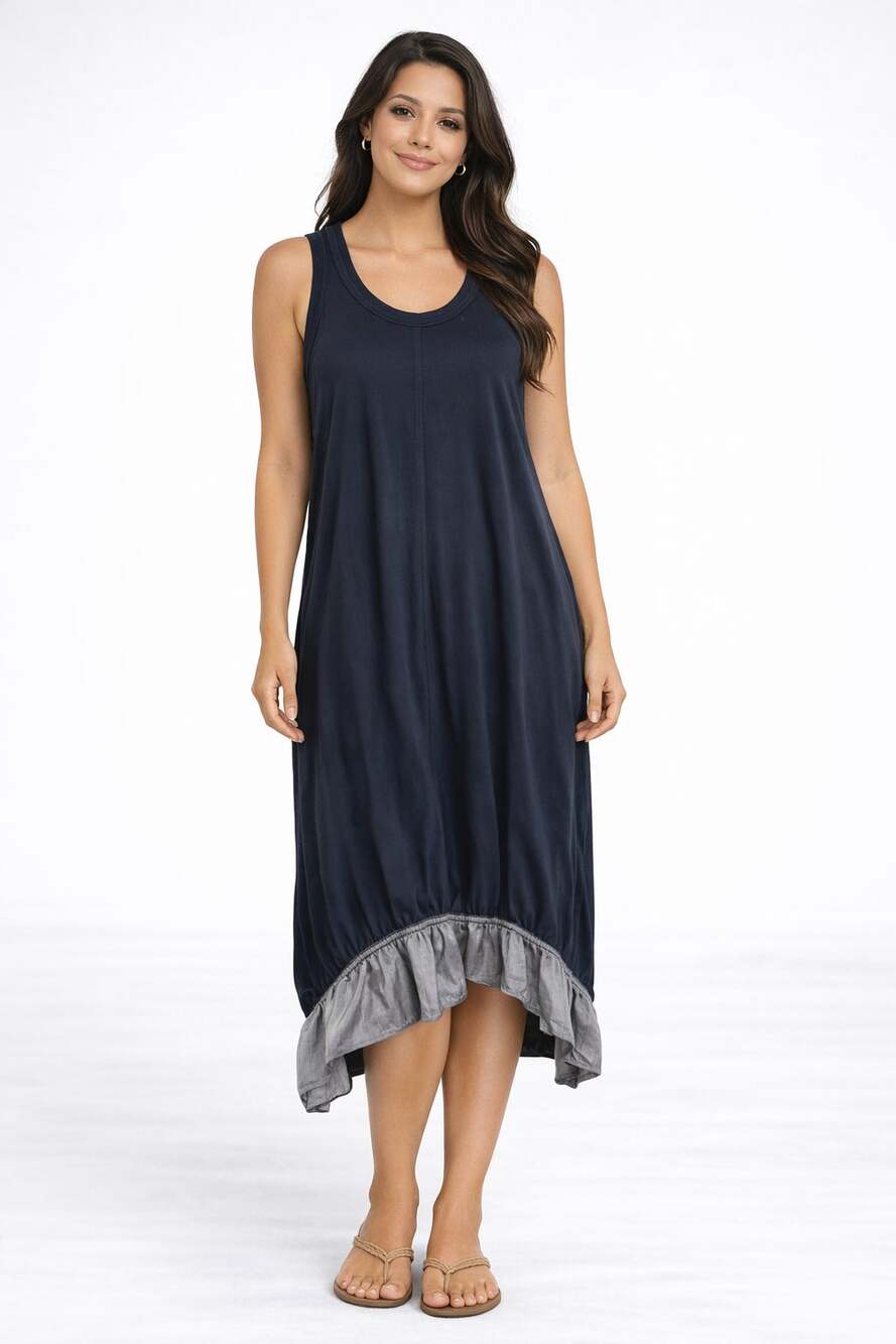 CLU Sleeveless Oversized Midi Dress Womens XS Navy Blue Grey Shift Scoop Neck